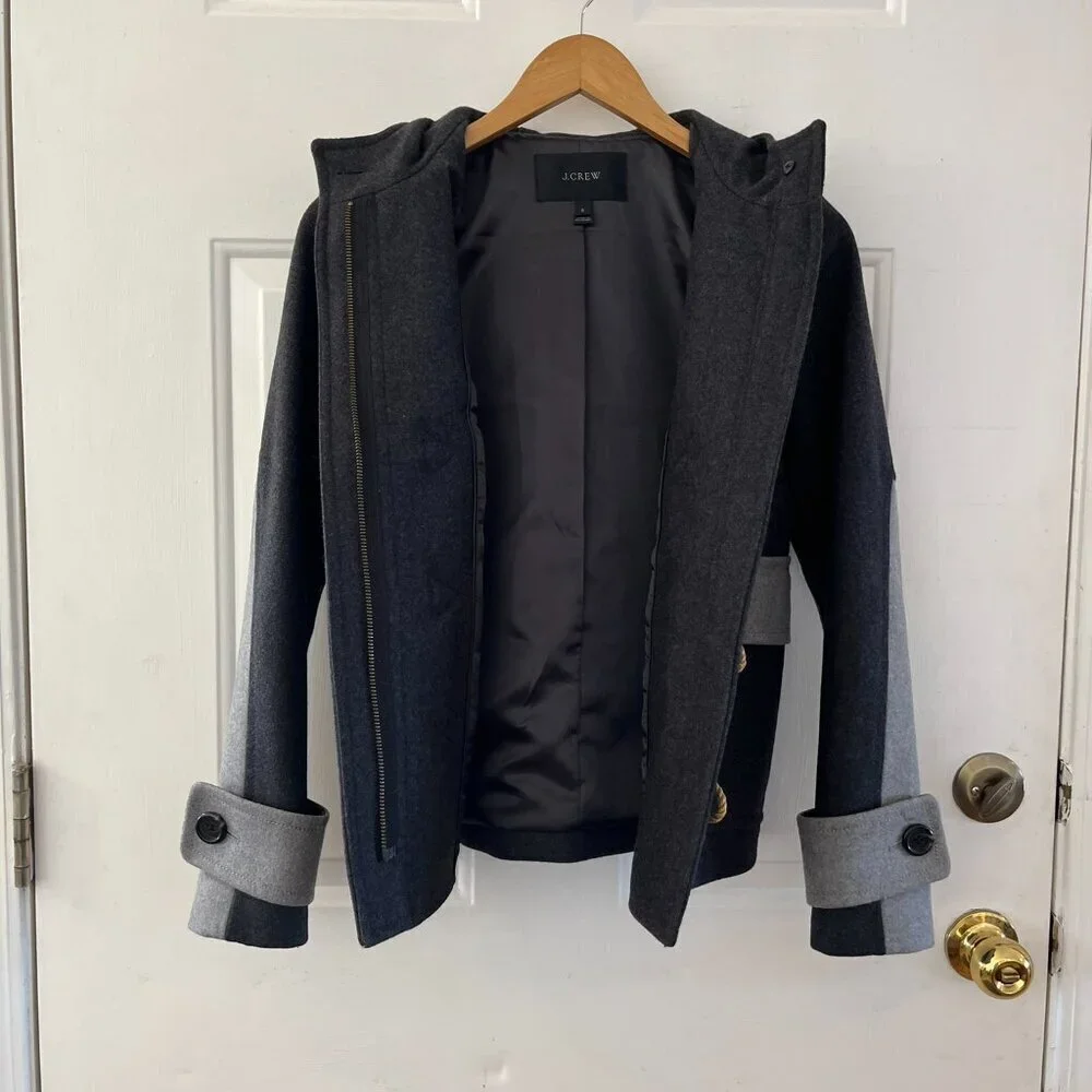 J.Crew Woman's Black/Grey Wool Outdoor Duffle Toggle Short Coat Sz 0 - Picture 7 of 11